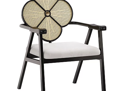 Modern Single Chair With Rattan Backrest Black Wooden Armrests And Upholstered Seat 3d model