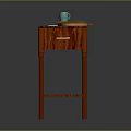 Red Wooden Side Table Featuring Blue Cup Book Papers Drawer And Lower Shelf