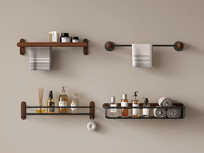 Bathroom Accessories Including Wall Mounted Shelves Towel Racks Towels And Toiletries 3d model