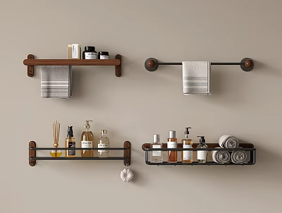 Bathroom Accessories Including Wall Mounted Shelves Towel Racks Towels And Toiletries 3d model