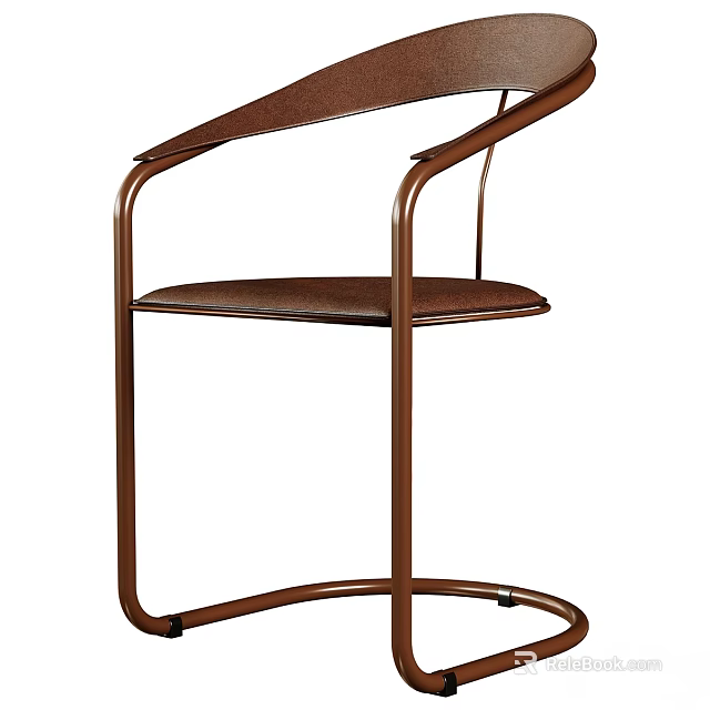 Modern Sleek Stool With Curved Metal Frame And Brown Leather Seat 3d model 