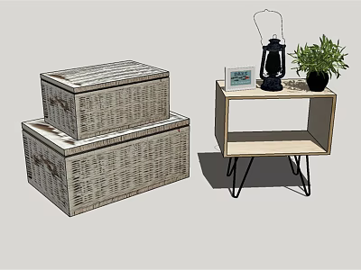 Wooden Bedside Table With Black Metal Legs Photo Frame Lantern And Green Plant 3d model