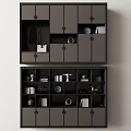 Modern Dark Double Layer Bookshelf With Storage Compartments Cabinets And Decorative Items 3d model