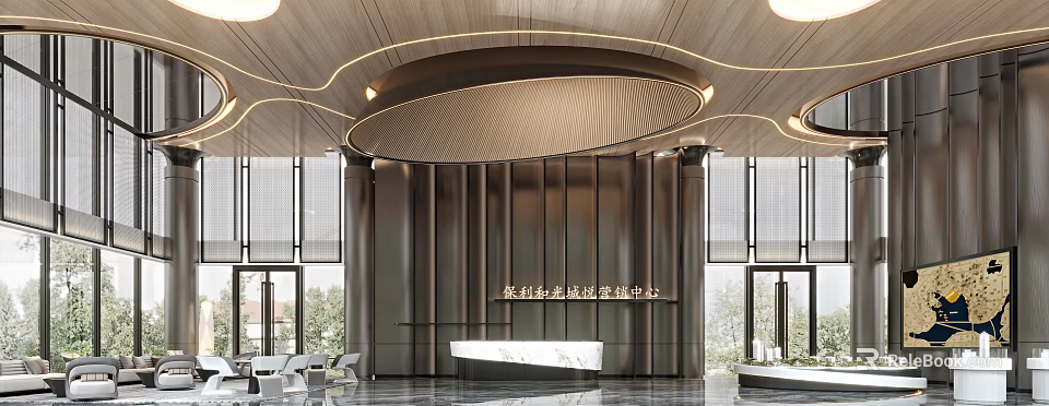 Elegant Modern Front Desk Reception Design With White Marble Counter And Ceiling Lighting 3d model