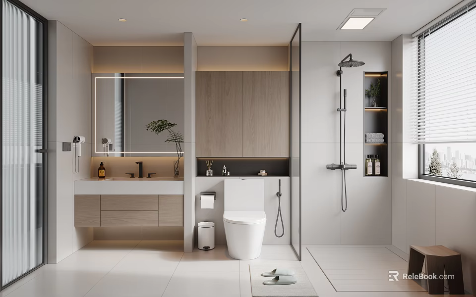 Modern Bathroom Interior Design With Vanity Mirror Toilet And Glass Shower Enclosure 3d model 