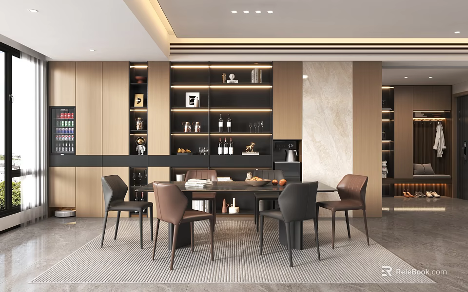 Modern Luxury Restaurant Interior With Marble Dining Table Leather Chairs And Wine Cabinet 3d model 