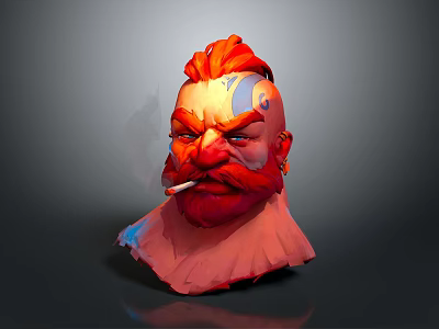 Game and Movie Character with Red Hair Beard Blue Face Tattoo Smoking Cigarette Fierce Expression 3d model