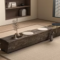 Wooden Log Bench on Carpet with White Round Cushions Small Black Table and Plant Decorations