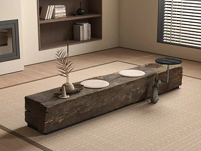 Wooden Log Bench on Carpet with White Round Cushions Small Black Table and Plant Decorations 3d model