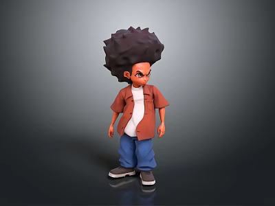 Stylized 3D Character With Afro Hairstyle Brown Jacket White Shirt Blue Pants And Gray Shoes 3d model