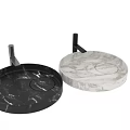 Modern Round Wall Mounted Black And White Marble Washbasins With Black Brackets On Gray Countertop