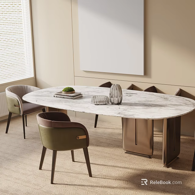 Elegant Round Marble Top Dining Table Set With Upholstered Chairs And Light Colored Interior 3d model 