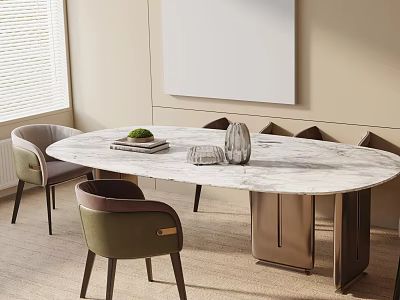 Elegant Round Marble Top Dining Table Set With Upholstered Chairs And Light Colored Interior 3d model