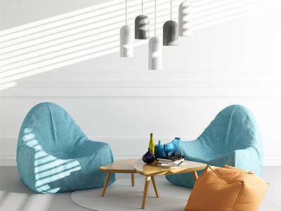 Cozy Sunlit Living Space with Blue Bean Bag Chairs Orange Cushion and Wooden Coffee Table 3d model