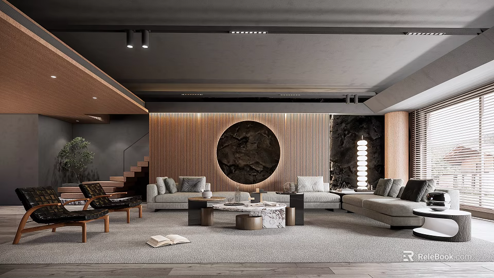 Modern Luxury Living Room Interior With Wooden Walls Circular Art Gray Sofas And Coffee Tables 3d model 