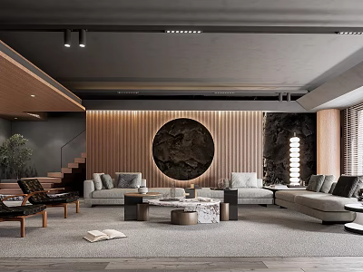 Modern Luxury Living Room Interior With Wooden Walls Circular Art Gray Sofas And Coffee Tables 3d model