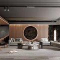 Modern Luxury Living Room Interior With Wooden Walls Circular Art Gray Sofas And Coffee Tables