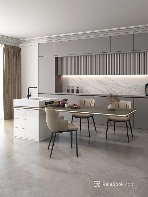 Modern Kitchen Interior With Marble Island Counter And Dining Chairs Lighting 3d model 