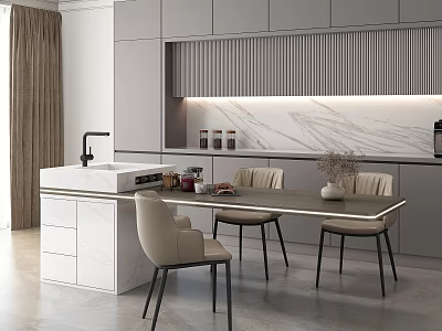 Modern Kitchen Interior With Marble Island Counter And Dining Chairs Lighting 3d model