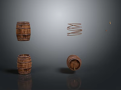 Vintage Wooden Barrels Coiled Spring And Small Metal Parts Studio Display Setup 3d model