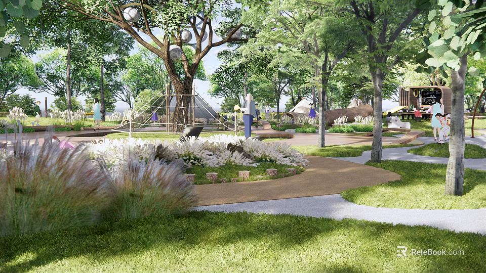 Outdoor Kids Play Area With Lush Trees Green Lawn And Safe Play Structures 3d model 