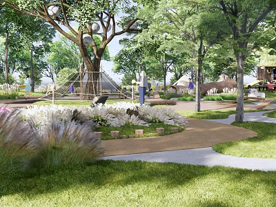 Outdoor Kids Play Area With Lush Trees Green Lawn And Safe Play Structures 3d model