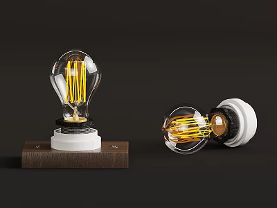 Vintage Light Bulbs With Yellow Filament On Wooden Base And Tipped Over 3d model