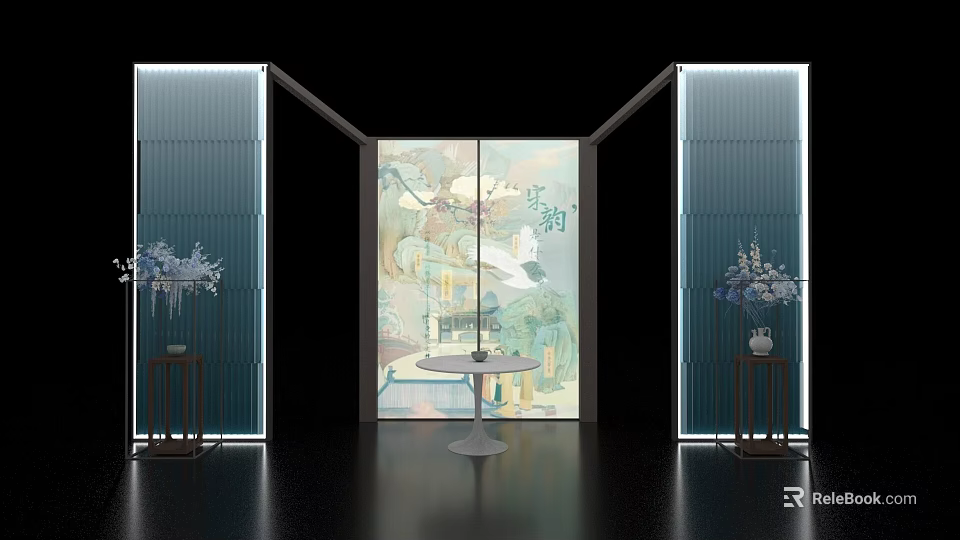 Modern Exhibition Island Space With Illuminated Screens Art Painting And Floral Vases 3d model 