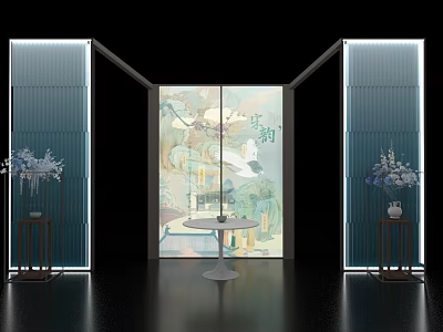 Modern Exhibition Island Space With Illuminated Screens Art Painting And Floral Vases 3d model