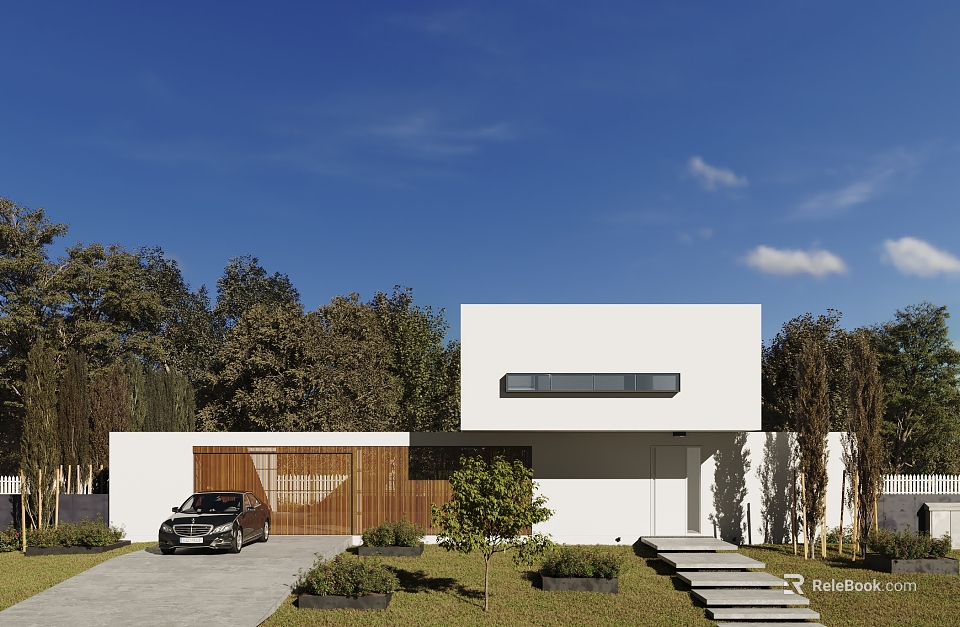Modern White Detached Villa With Lush Trees Black Car And Stone Steps 3d model 