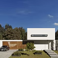Modern White Detached Villa With Lush Trees Black Car And Stone Steps