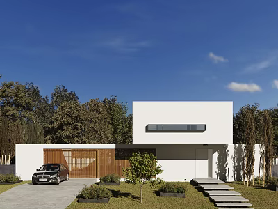 Modern White Detached Villa With Lush Trees Black Car And Stone Steps 3d model