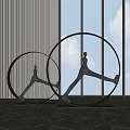 Human Figure Sculpture in Circular Frame Indoor with Marble Floor and Large Window Sky Background