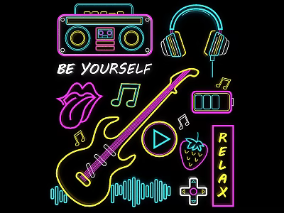 Creative Neon Decorative Lights Featuring Radio Headphones Guitar Music Notes And Relax 3d model