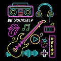 Creative Neon Decorative Lights Featuring Radio Headphones Guitar Music Notes And Relax
