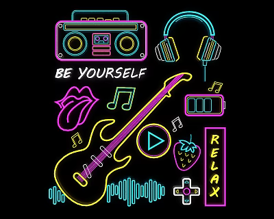 Creative Neon Decorative Lights Featuring Radio Headphones Guitar Music Notes And Relax 3d model