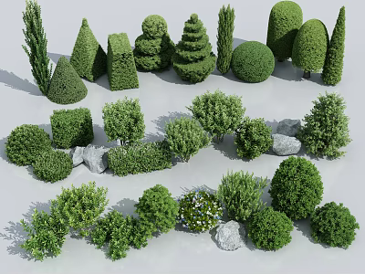 Diverse Garden Shrubs in Various Shapes and Sizes with Landscaping Stones 3d model