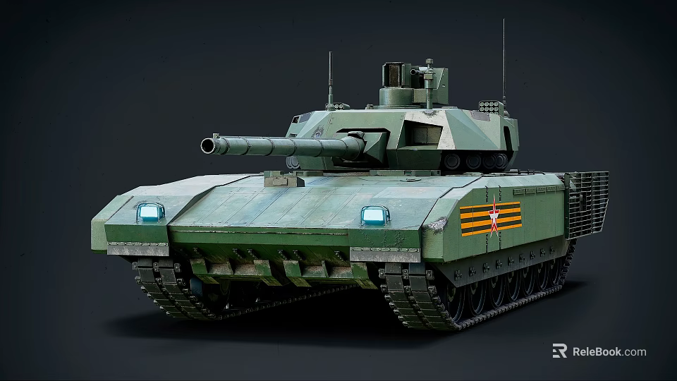 Modern Green Military Tank With Turret Cannon Headlights Tracks and Side Stripes 3d model 