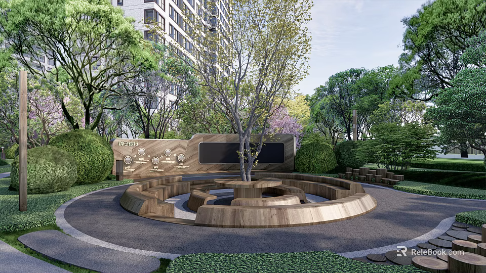 Park Landscape with Circular Wooden Structure Central Tree Green Plants Bushes and High Rise Background 3d model 