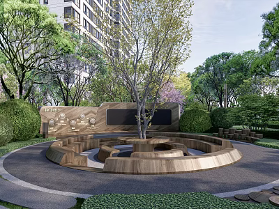 Park Landscape with Circular Wooden Structure Central Tree Green Plants Bushes and High Rise Background 3d model