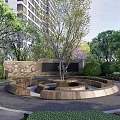 Park Landscape with Circular Wooden Structure Central Tree Green Plants Bushes and High Rise Background
