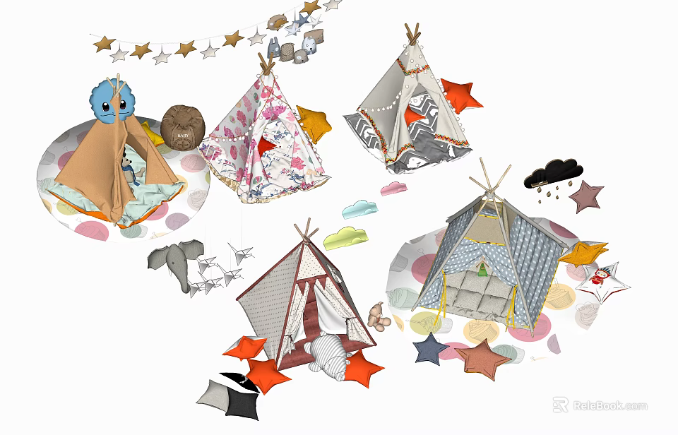 Colorful Kids Play Tents With Star Garland Cloud Shapes And Plush Toys 3d model 