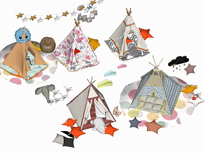 Colorful Kids Play Tents With Star Garland Cloud Shapes And Plush Toys 3d model