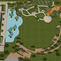 Scenic Park Landscape with Tea Garden Arched Bridges Stone Steps Lush Greenery and People Walking