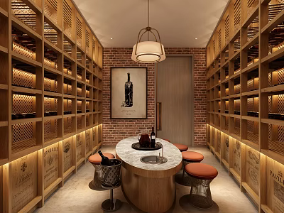 Elegant Wine Cellar Featuring Wooden Racks Round Marble Table Orange Stools Pendant Light Brick Wall 3d model