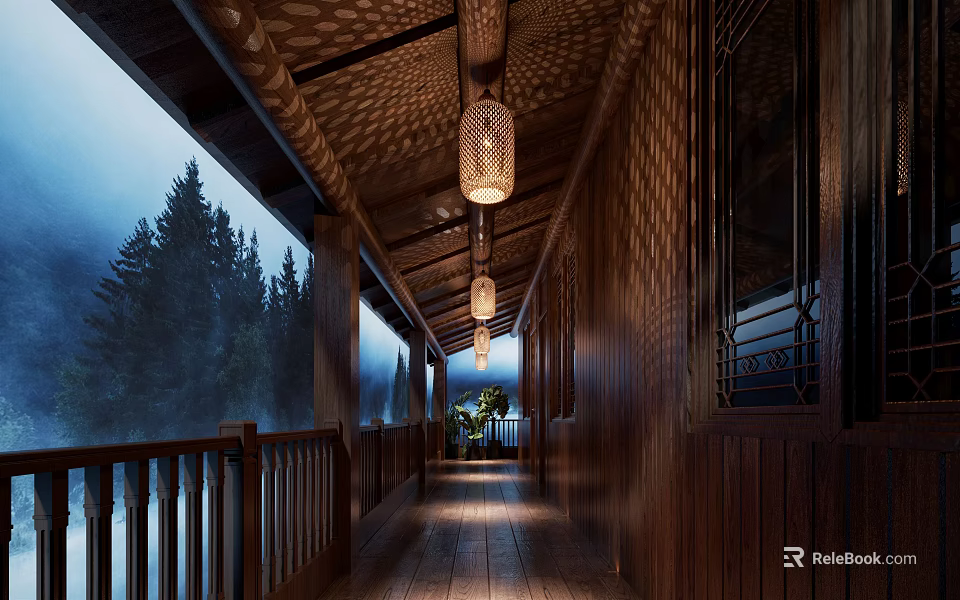 Wooden Corridor With Lantern Pendant Lights Wooden Structure And Misty Tree View Outside 3d model 