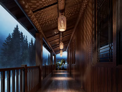 Wooden Corridor With Lantern Pendant Lights Wooden Structure And Misty Tree View Outside 3d model