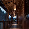 Wooden Corridor With Lantern Pendant Lights Wooden Structure And Misty Tree View Outside
