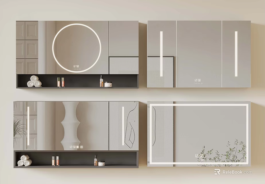 Modern Bathroom Mirror Designs With Lighted Cabinet Shelf Round Rectangular Shapes 3d model 