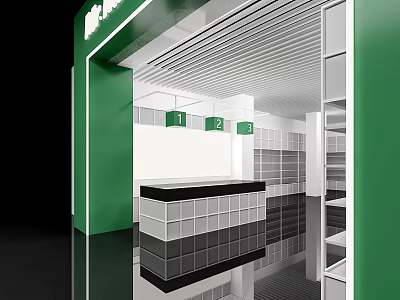 Modern Specialty Store Interior Design With Open Layout Green White Counter And Shelves 3d model